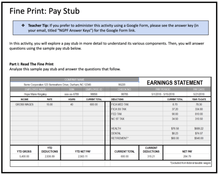 Fine print pay stub answer key