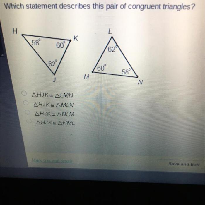 Which statement describes this pair of congruent triangles