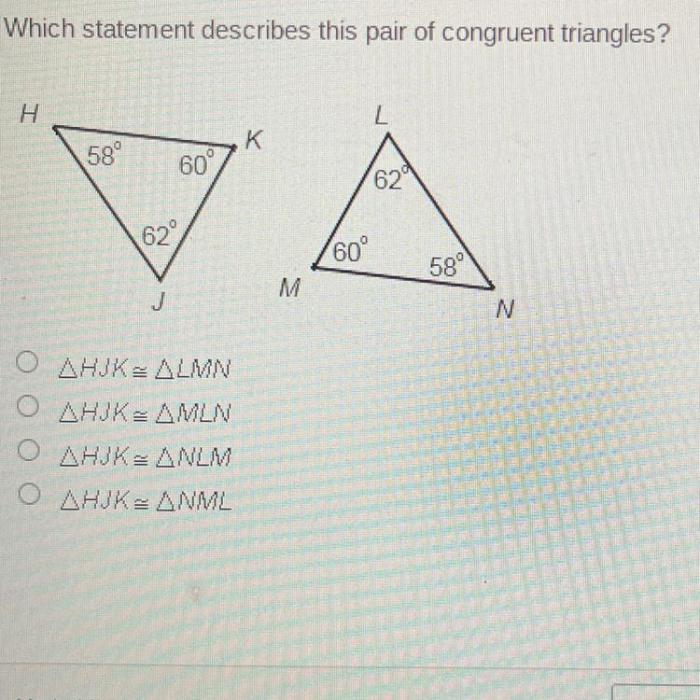 Which statement describes this pair of congruent triangles